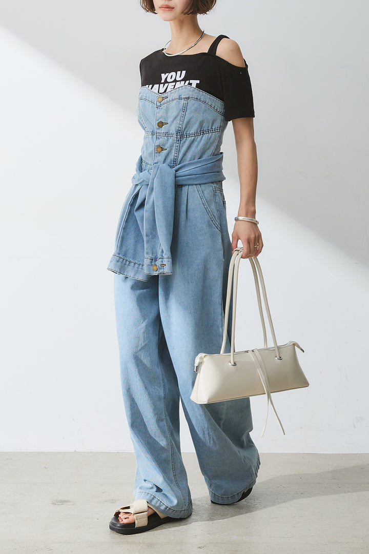 [SET]テキストロゴワンショルTシャツ+2WAYデニムベアサロペット(2set)