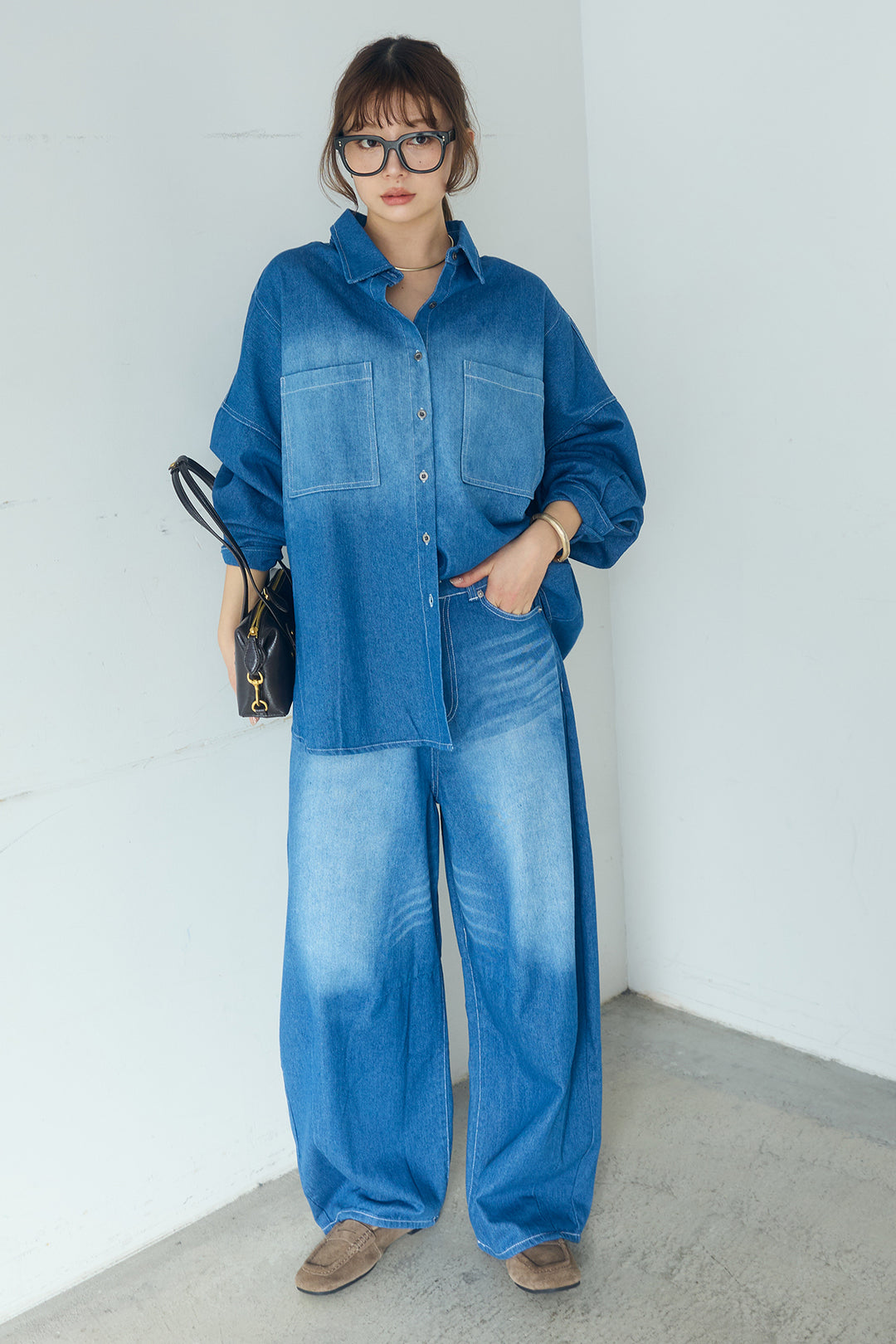 [SET]ヴィンテージ加工デニムオーバーシャツ+ヴィンテージ加工デニムワイドパンツ(2set)