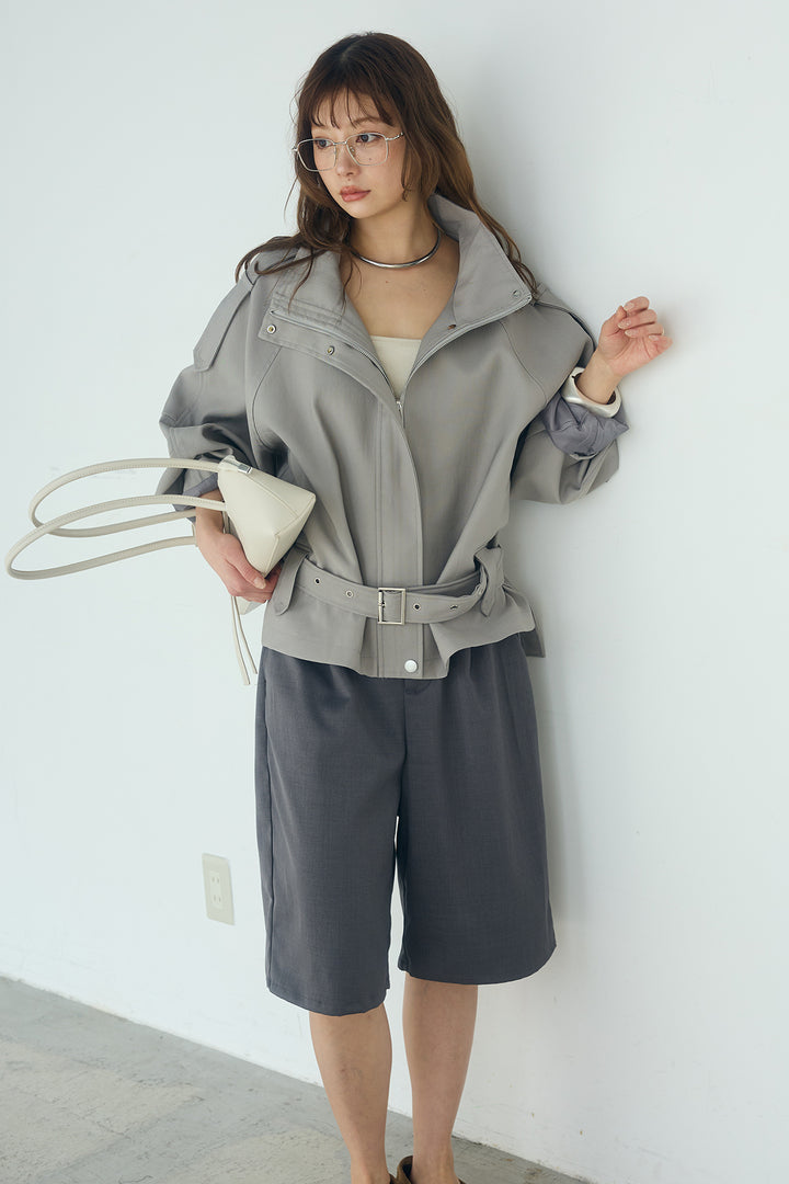 [SET]ベルト付きスタンドネックアウター+ツイルタックハーフパンツ(2set)