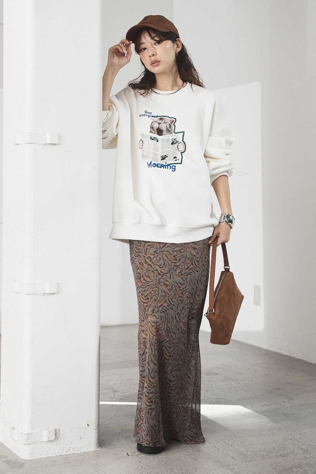 [SET]裏起毛モーニングキャットプリントスウェット+抽象柄ロングスカート(2set)