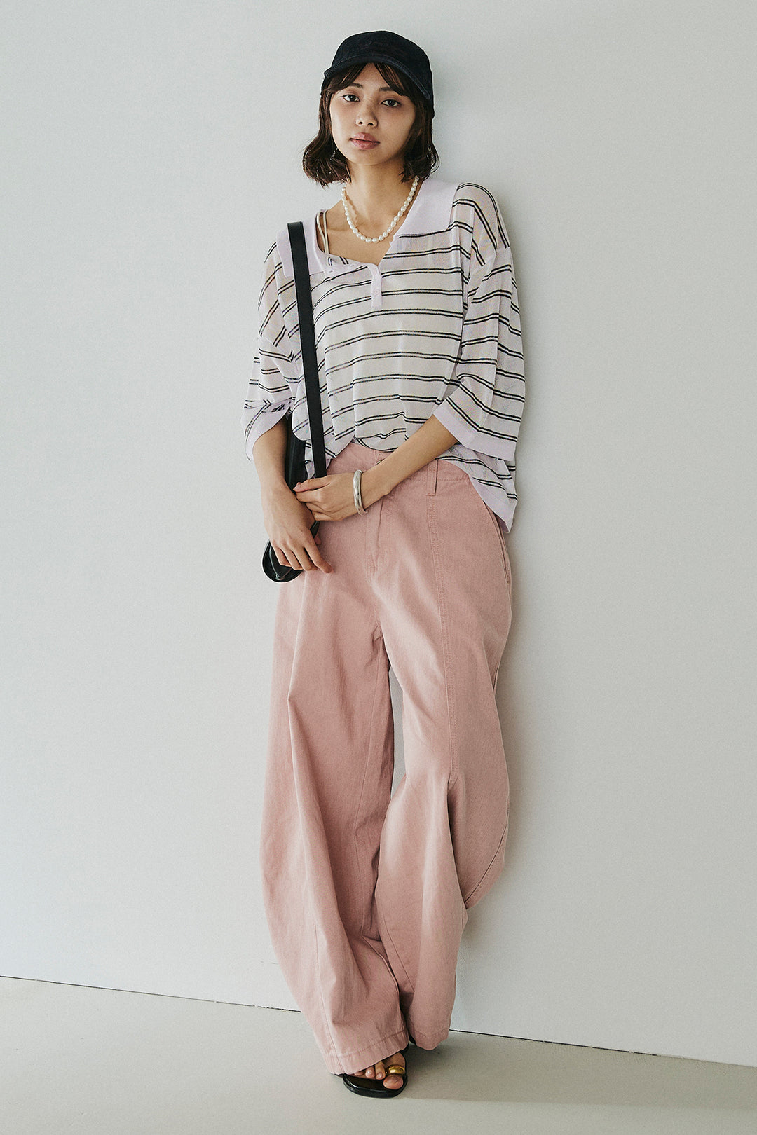 [SET]ボーダーニットポロシャツ+サイドベルトカーブワイドパンツ(2set)