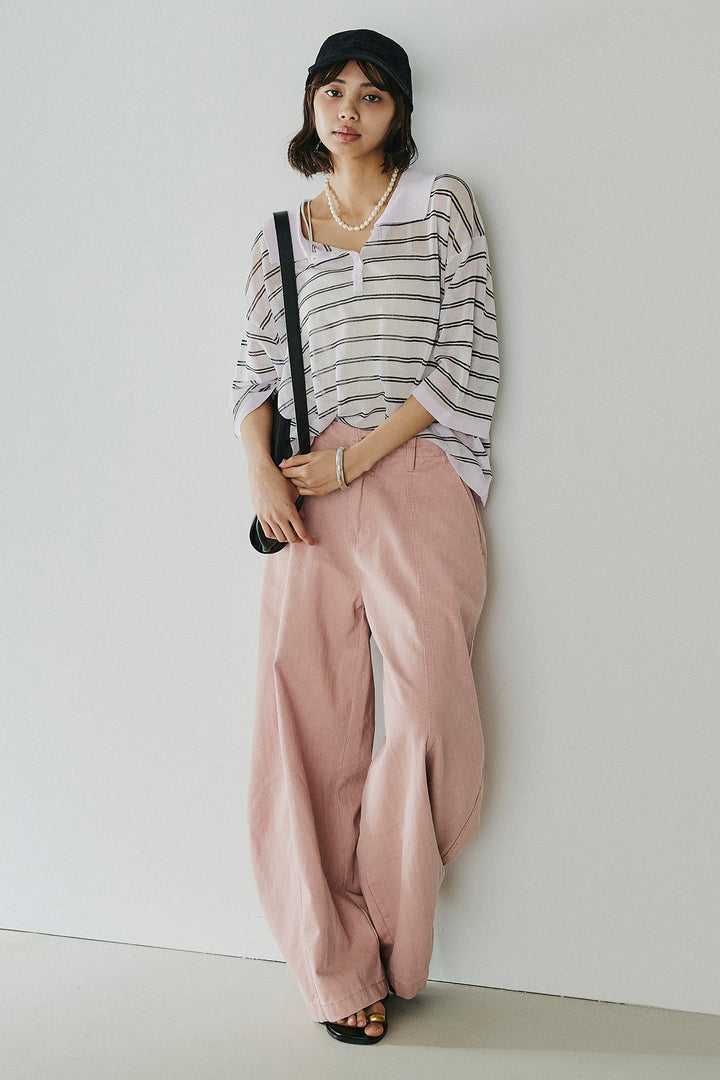 [SET]ボーダーニットポロシャツ+サイドベルトカーブワイドパンツ(2set)