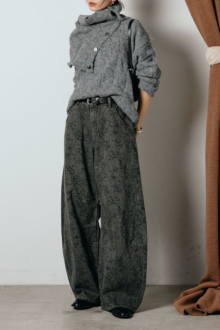 [SET]ケープデザインケーブルニットトップス+ベルト付きニュアンス柄カーブワイドパンツ(2set)