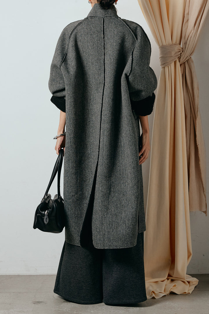 [SET]裏地ボアハイネックロングアウター+フェイクレザー太ベルト付きタックワイドパンツ(2set)