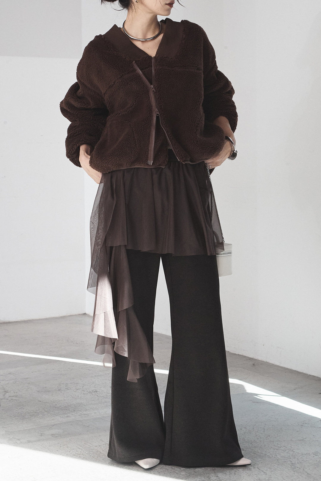 [SET]ノーカラーリブボアアウター+チュールレイヤードニットパンツ(2set)