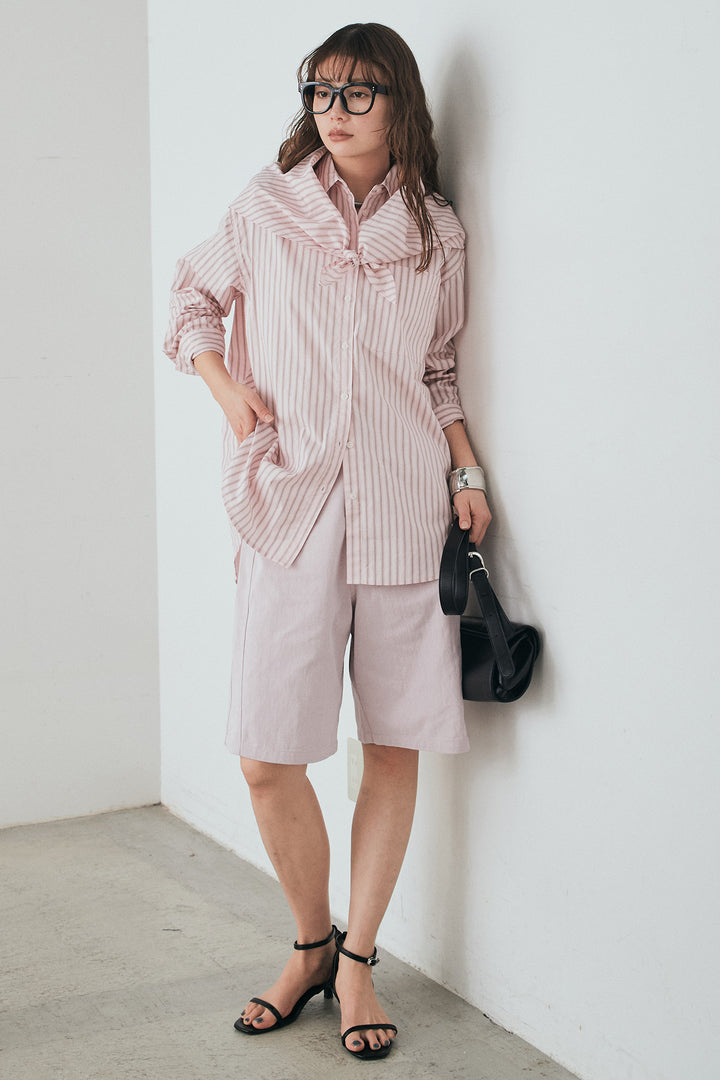 [SET]ランダムストライプスカーフ付きシャツ+デニムハーフパンツ(2set)