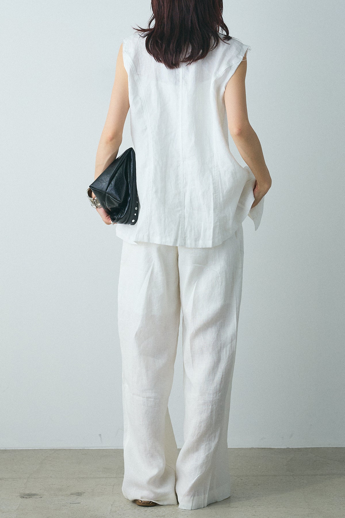【45R】ホワイトツイードパンツ 綿麻 キュプラ S チェック SET]切りっぱなしデザインベスト+タック入りサマーワイドパンツ