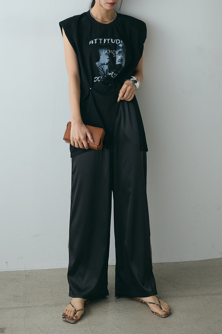 [SET]サイドデザインプリントTシャツ+サイドラインサテンパンツ(2set)