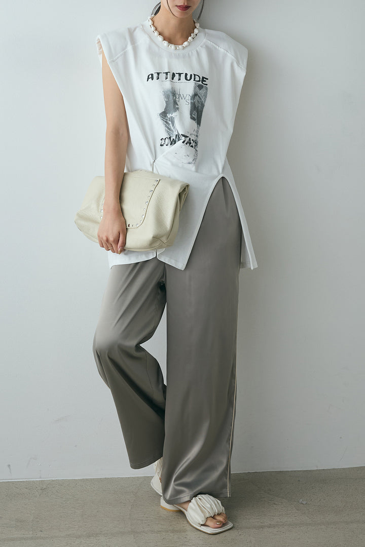 [SET]サイドデザインプリントTシャツ+サイドラインサテンパンツ(2set)