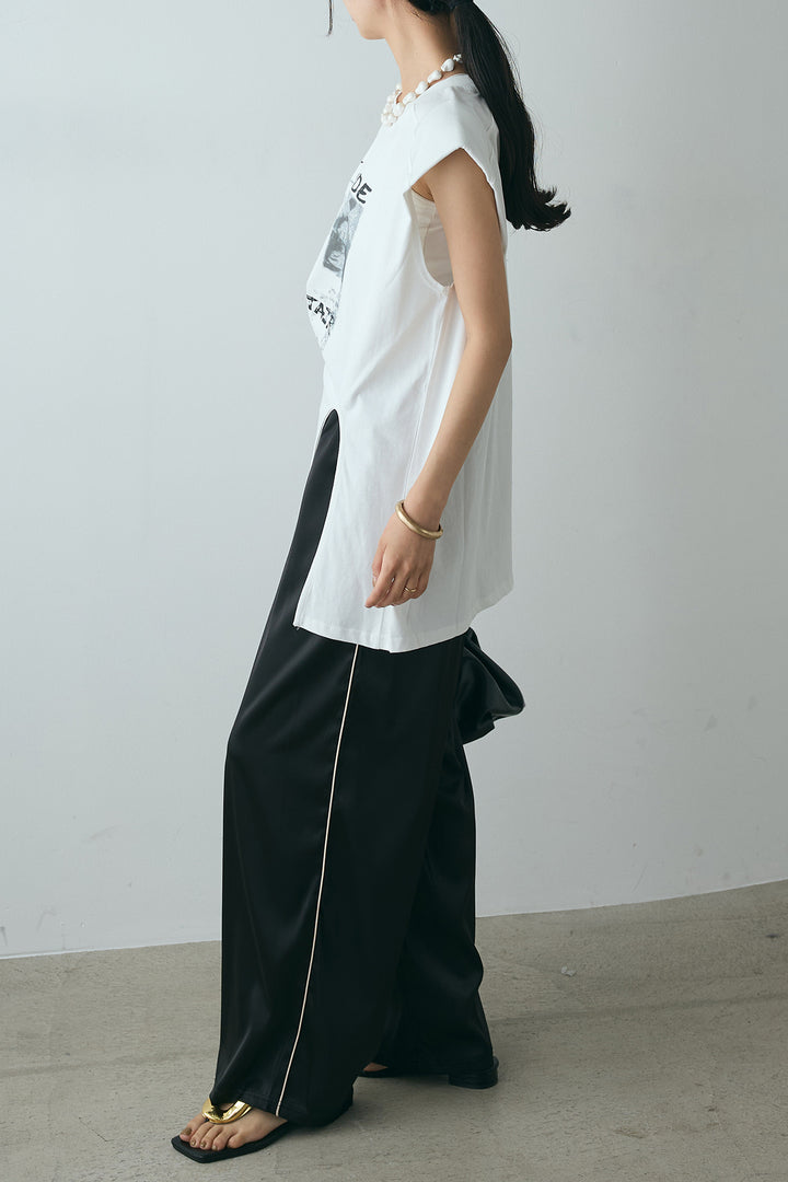 [SET]サイドデザインプリントTシャツ+サイドラインサテンパンツ(2set)