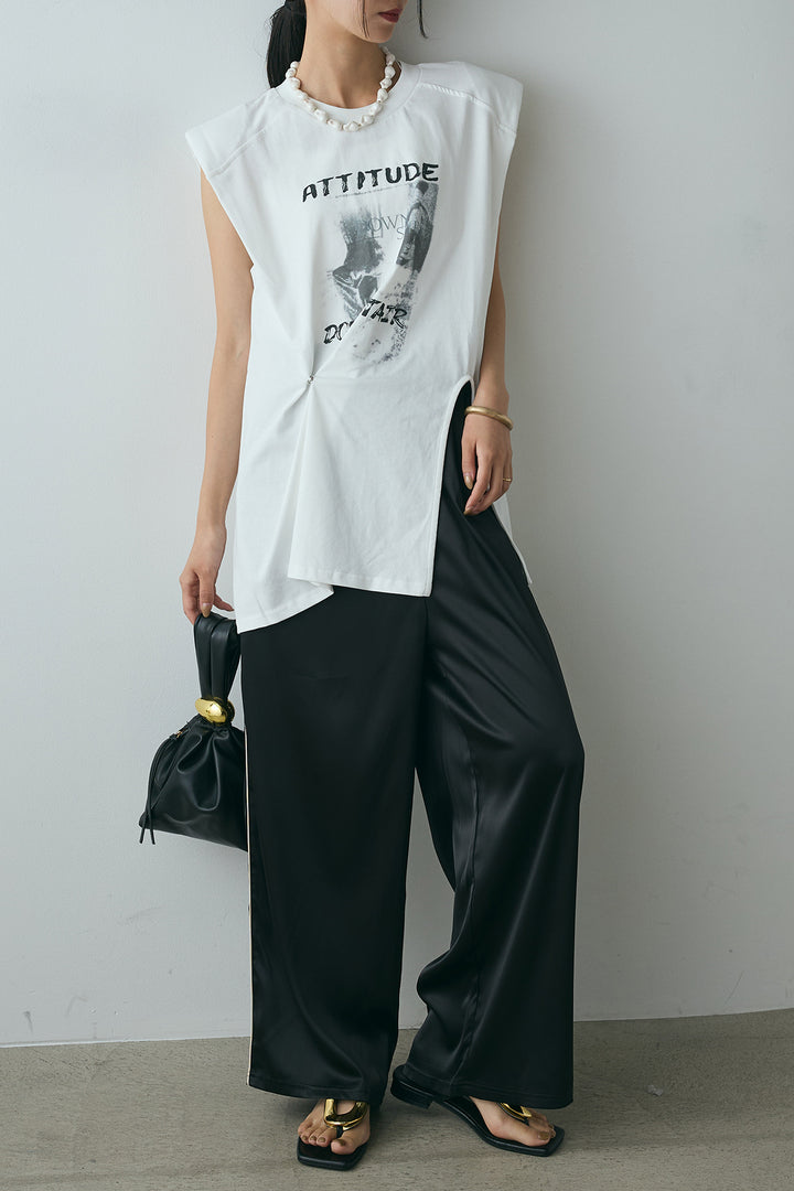 [SET]サイドデザインプリントTシャツ+サイドラインサテンパンツ(2set)