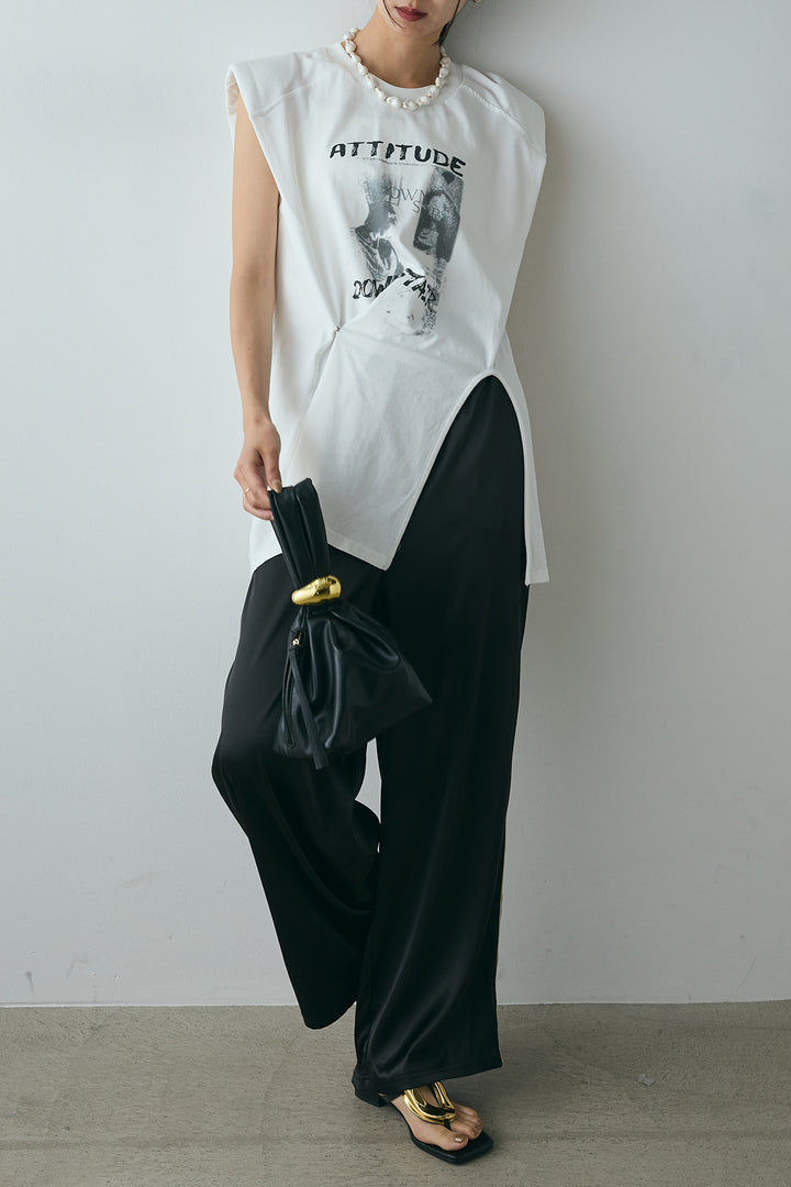 [SET]サイドデザインプリントTシャツ+サイドラインサテンパンツ(2set)