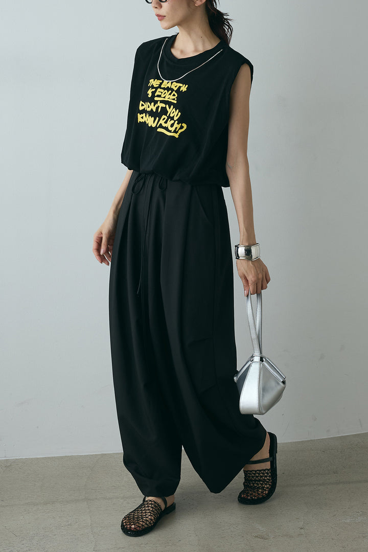 [SET]シルバーネックレス付きロゴTシャツ+ランダムタック入りワイドパンツ(2set)