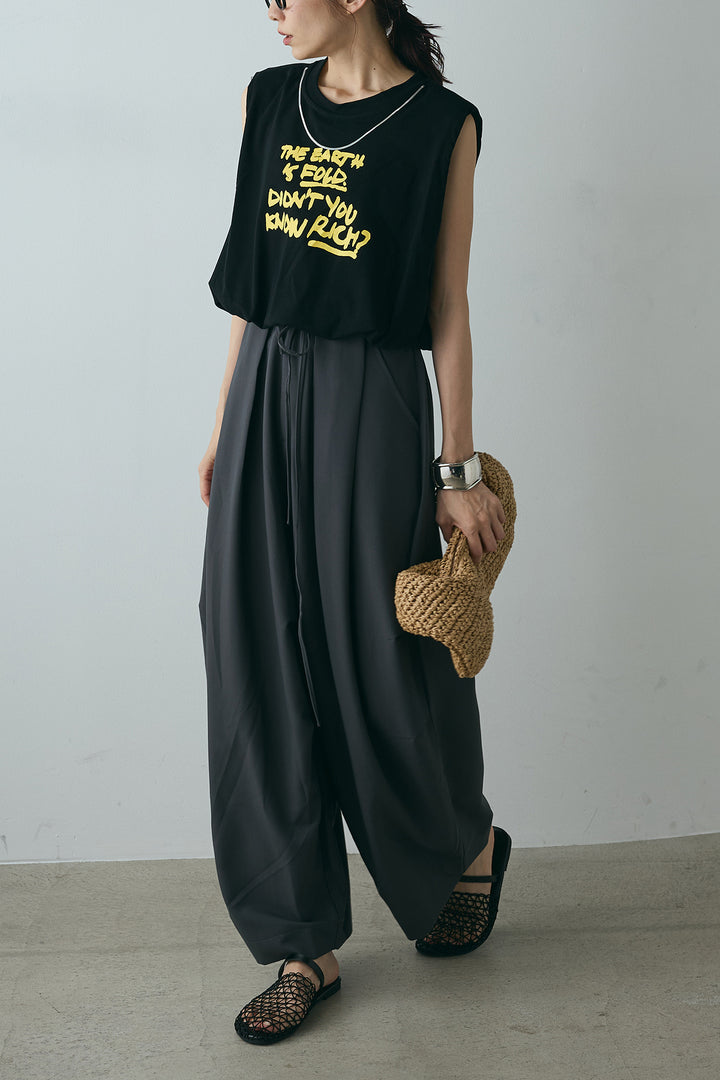 [SET]シルバーネックレス付きロゴTシャツ+ランダムタック入りワイドパンツ(2set)