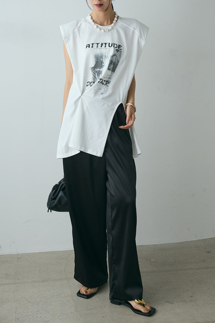 [SET]サイドデザインプリントTシャツ+サイドラインサテンパンツ(2set)