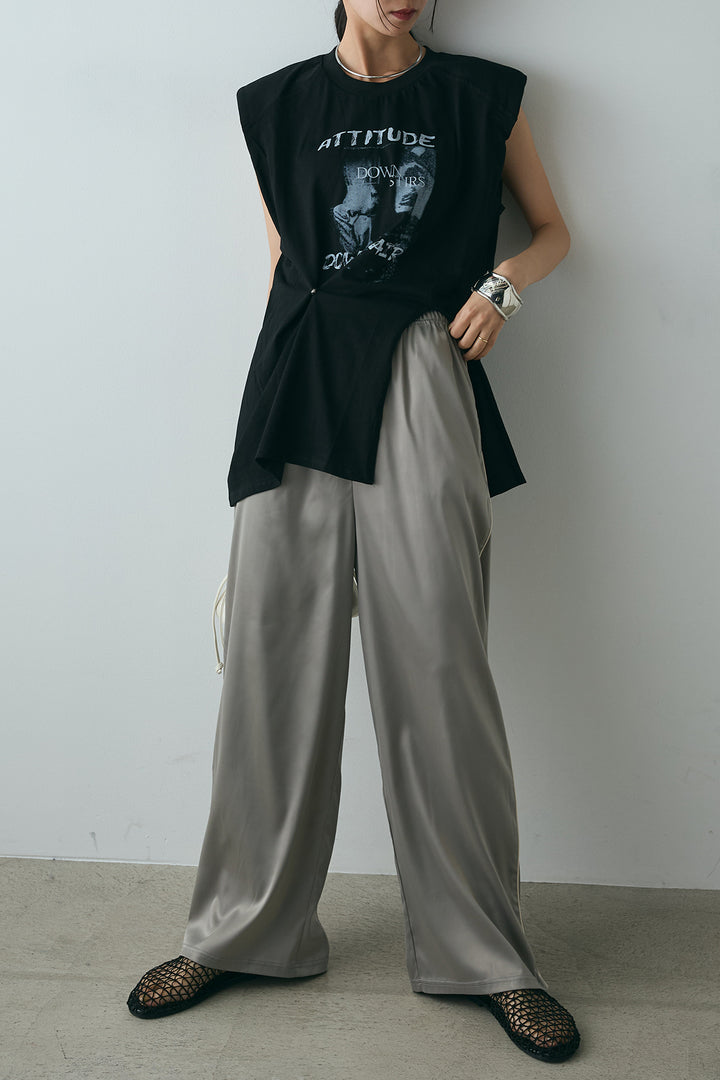 [SET]サイドデザインプリントTシャツ+サイドラインサテンパンツ(2set)