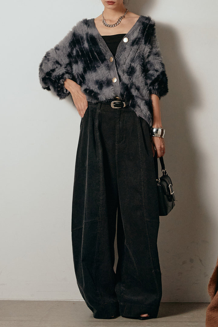 【着回しセット】[SET]タイダイ柄シャギーニットカーディガン+タック入りコーデュロイワイドパンツ+タイダイ柄シャギーニットカーディガン(3set)