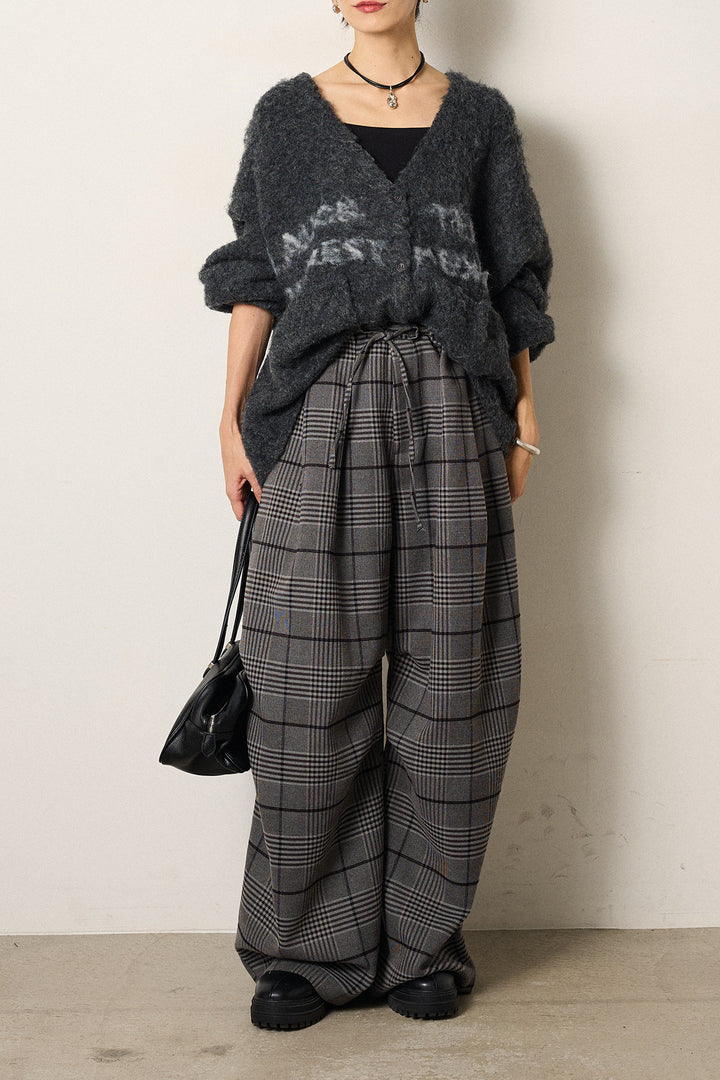[SET]ウール混透かしロゴニットカーディガン+グレンチェックルーズタックパンツ(2set)
