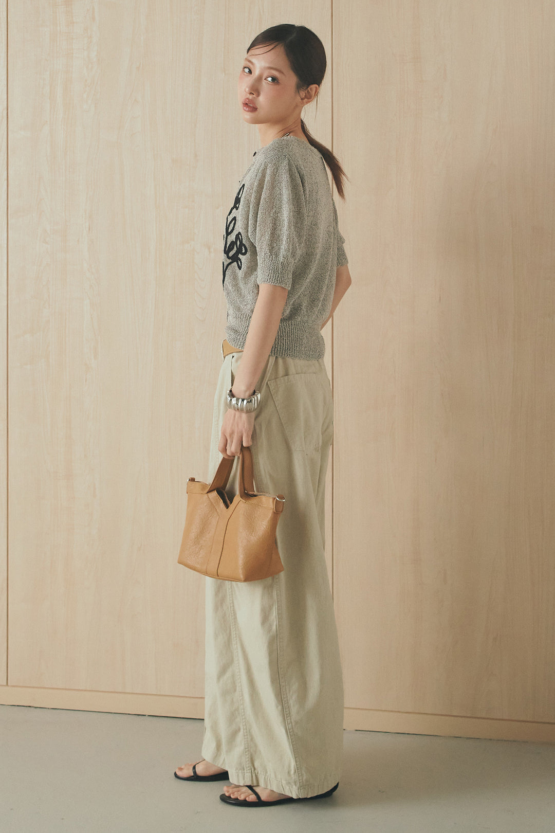 [SET]フロントテープデザイン半袖カーディガン+サイドベルトカーブワイドパンツ(2set)