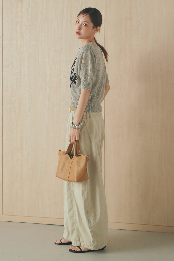 [SET]フロントテープデザイン半袖カーディガン+サイドベルトカーブワイドパンツ(2set)