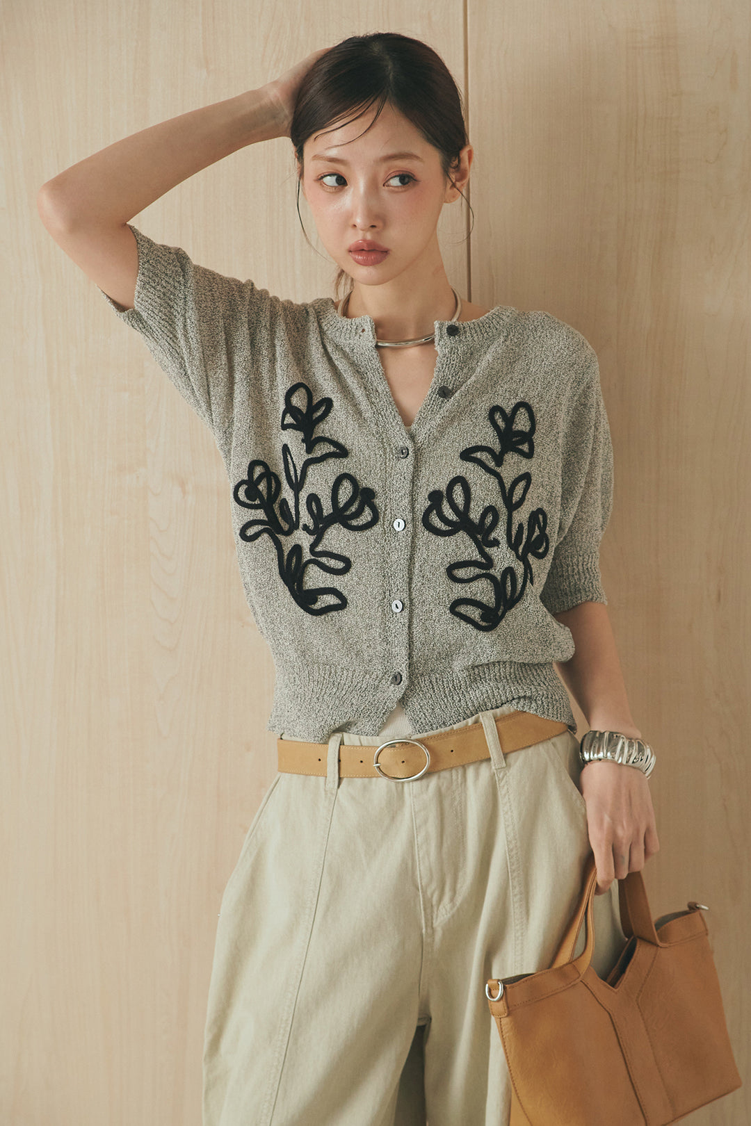 [SET]フロントテープデザイン半袖カーディガン+サイドベルトカーブワイドパンツ(2set)