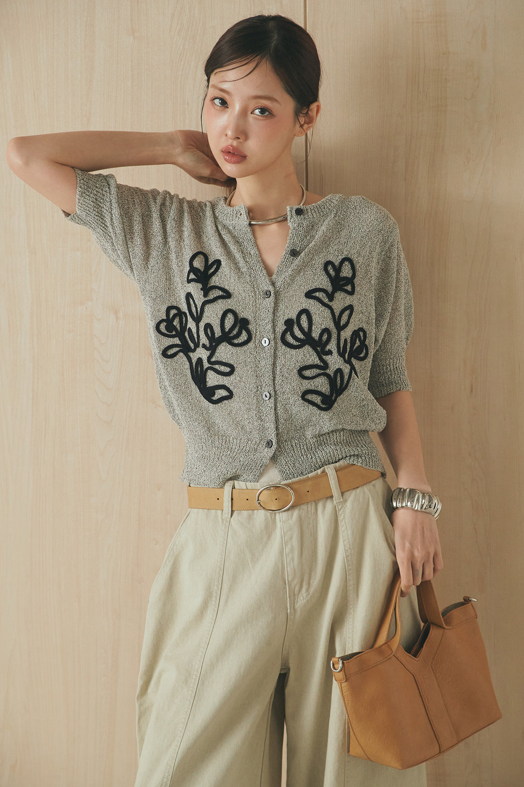 [SET]フロントテープデザイン半袖カーディガン+サイドベルトカーブワイドパンツ(2set)