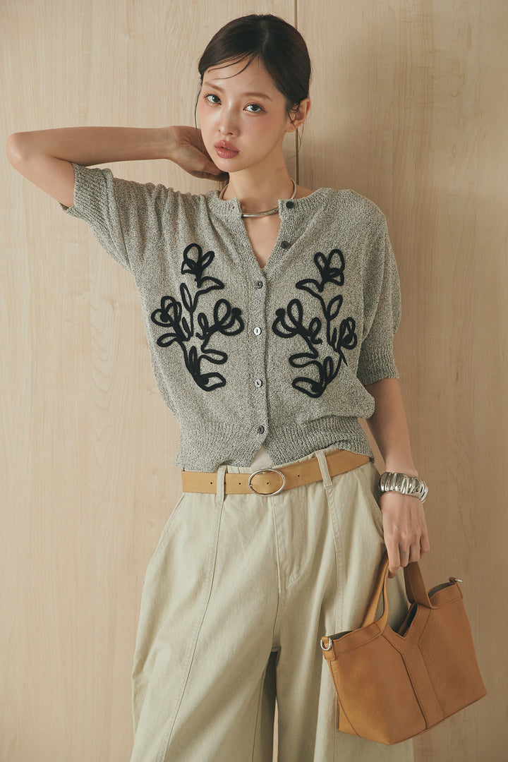[SET]フロントテープデザイン半袖カーディガン+サイドベルトカーブワイドパンツ(2set)