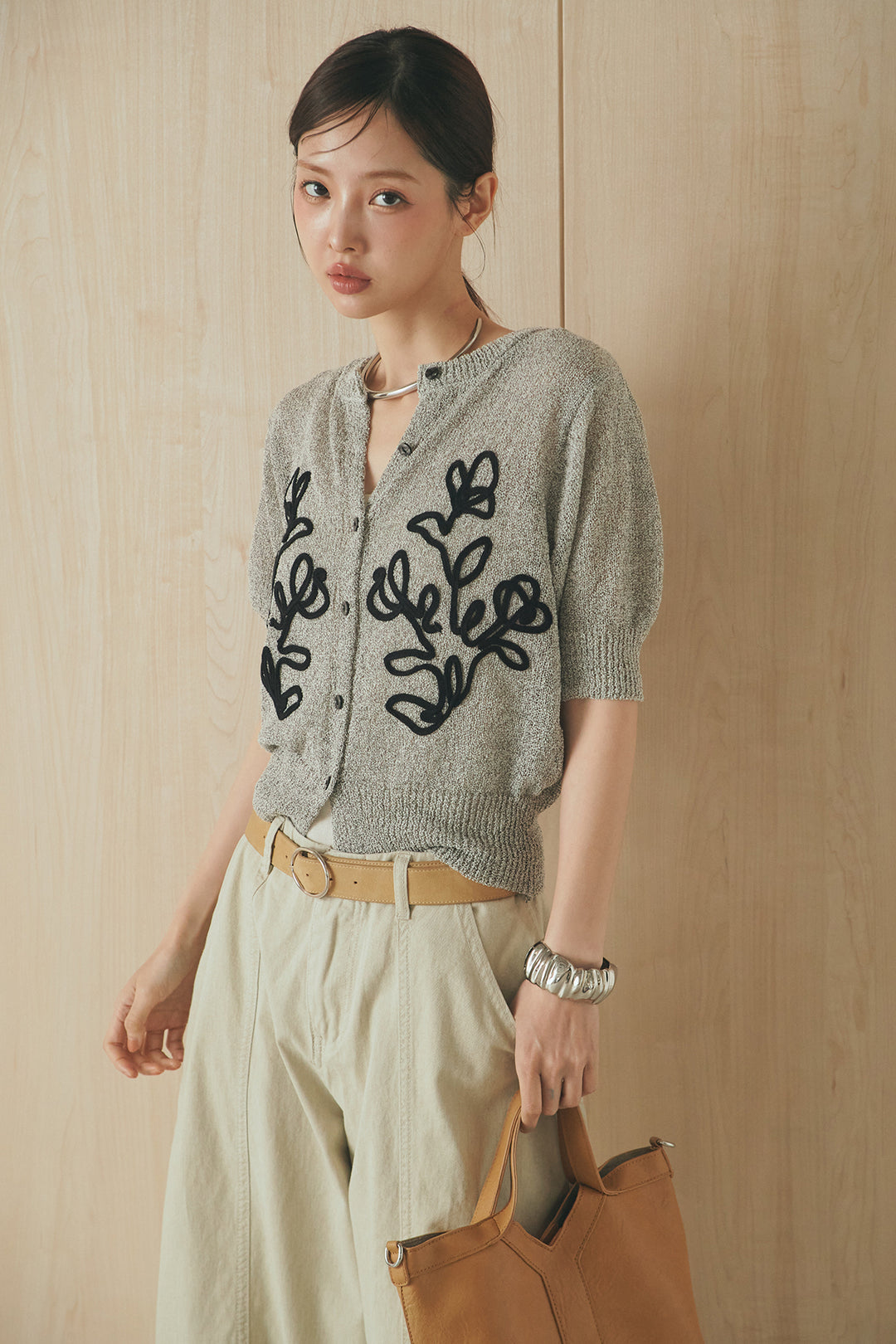 [SET]フロントテープデザイン半袖カーディガン+サイドベルトカーブワイドパンツ(2set)