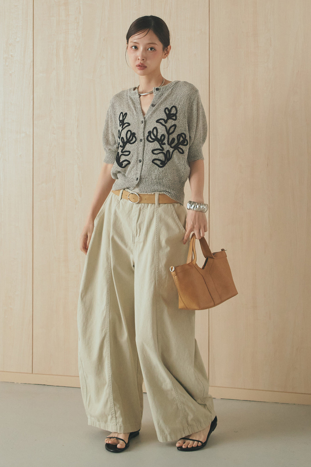 [SET]フロントテープデザイン半袖カーディガン+サイドベルトカーブワイドパンツ(2set)