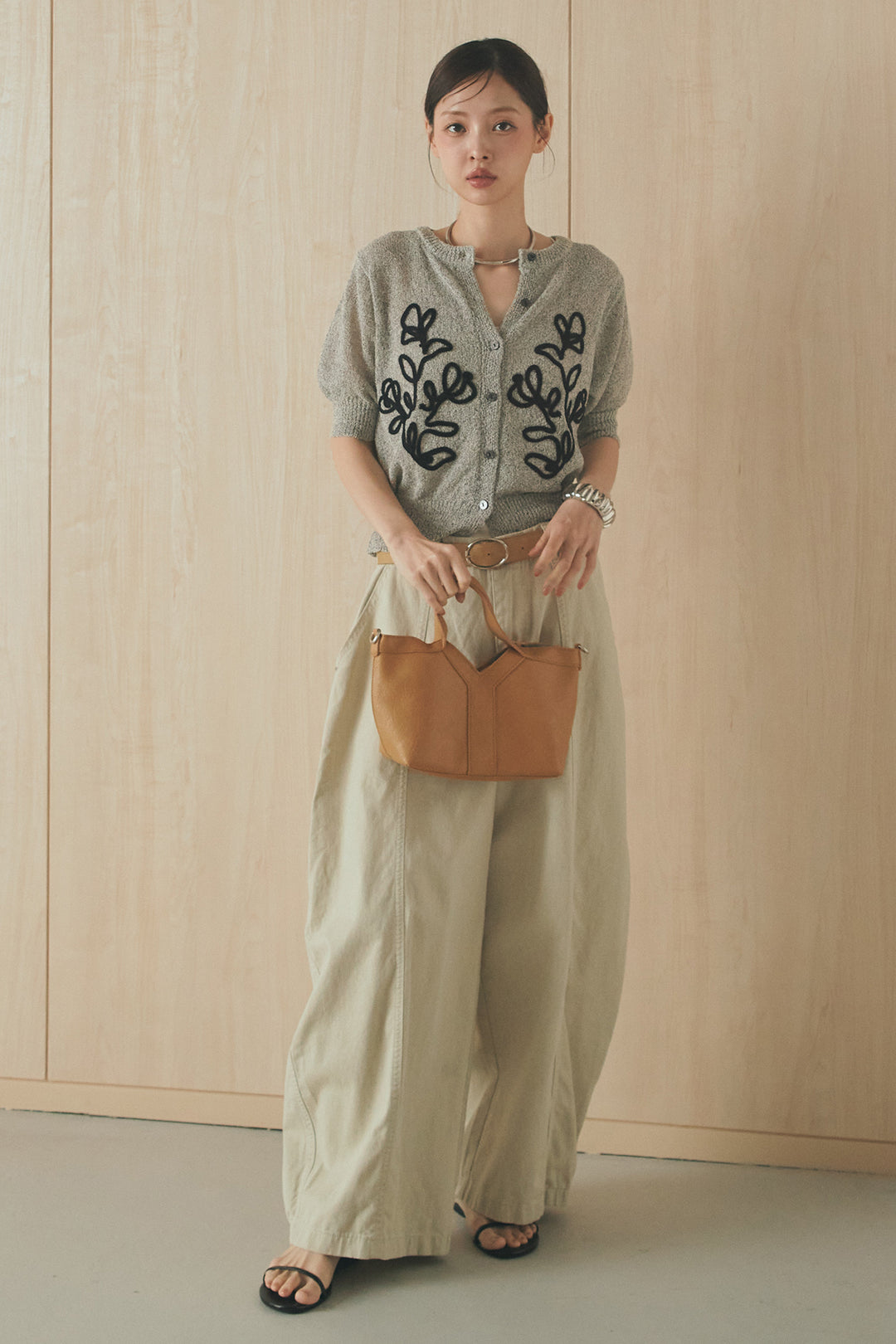 [SET]フロントテープデザイン半袖カーディガン+サイドベルトカーブワイドパンツ(2set)