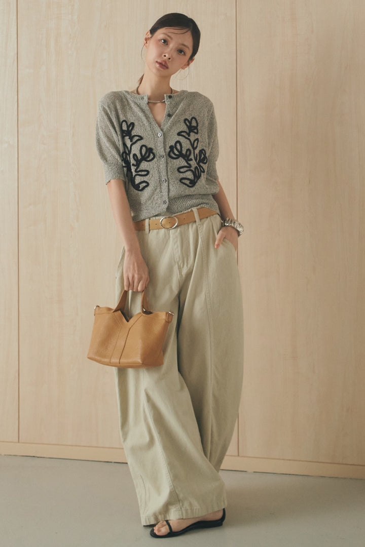 [SET]フロントテープデザイン半袖カーディガン+サイドベルトカーブワイドパンツ(2set)