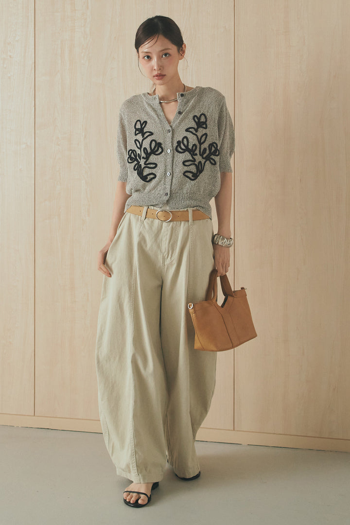 [SET]フロントテープデザイン半袖カーディガン+サイドベルトカーブワイドパンツ(2set)
