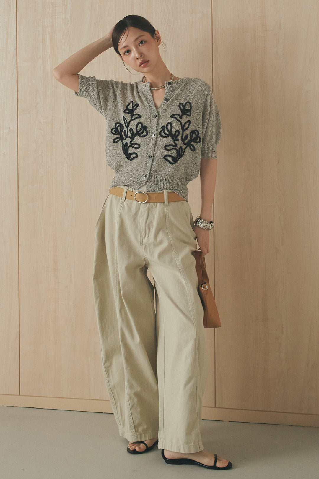 [SET]フロントテープデザイン半袖カーディガン+サイドベルトカーブワイドパンツ(2set)