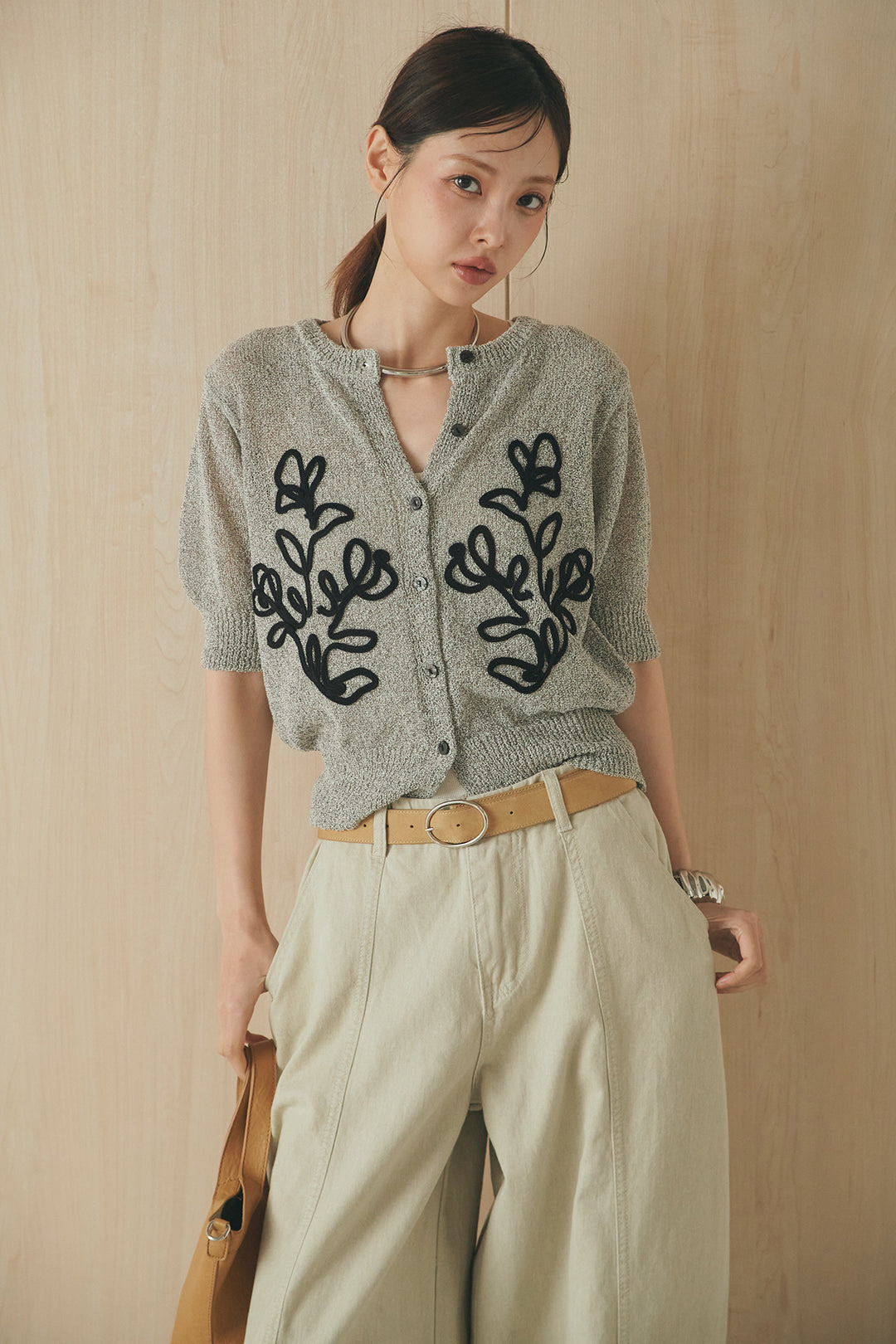 [SET]フロントテープデザイン半袖カーディガン+サイドベルトカーブワイドパンツ(2set)
