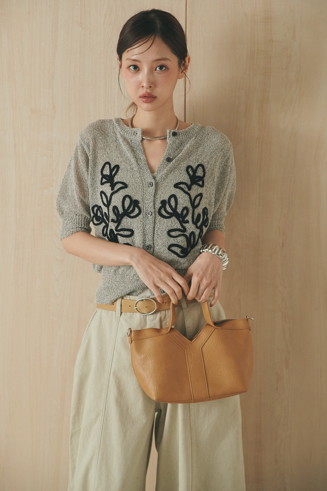 [SET]フロントテープデザイン半袖カーディガン+サイドベルトカーブワイドパンツ(2set)