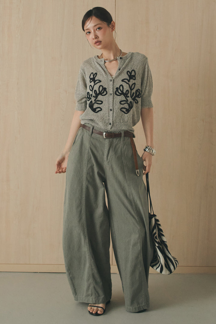 [SET]フロントテープデザイン半袖カーディガン+サイドベルトカーブワイドパンツ(2set)