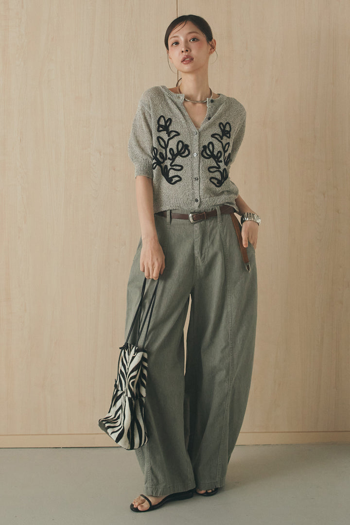 [SET]フロントテープデザイン半袖カーディガン+サイドベルトカーブワイドパンツ(2set)