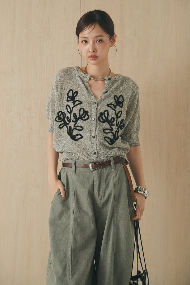 [SET]フロントテープデザイン半袖カーディガン+サイドベルトカーブワイドパンツ(2set)