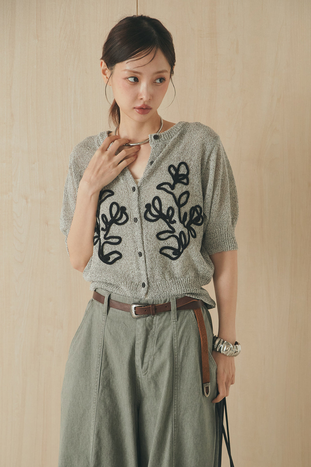 [SET]フロントテープデザイン半袖カーディガン+サイドベルトカーブワイドパンツ(2set)