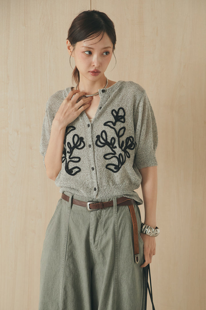 [SET]フロントテープデザイン半袖カーディガン+サイドベルトカーブワイドパンツ(2set)