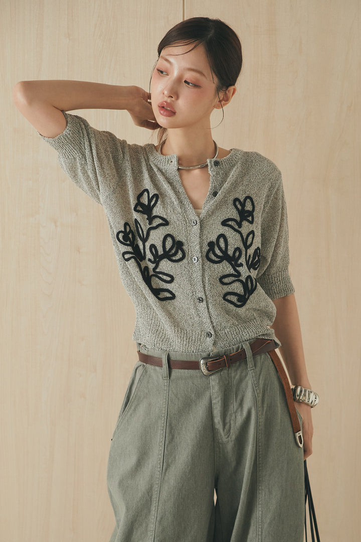 [SET]フロントテープデザイン半袖カーディガン+サイドベルトカーブワイドパンツ(2set)