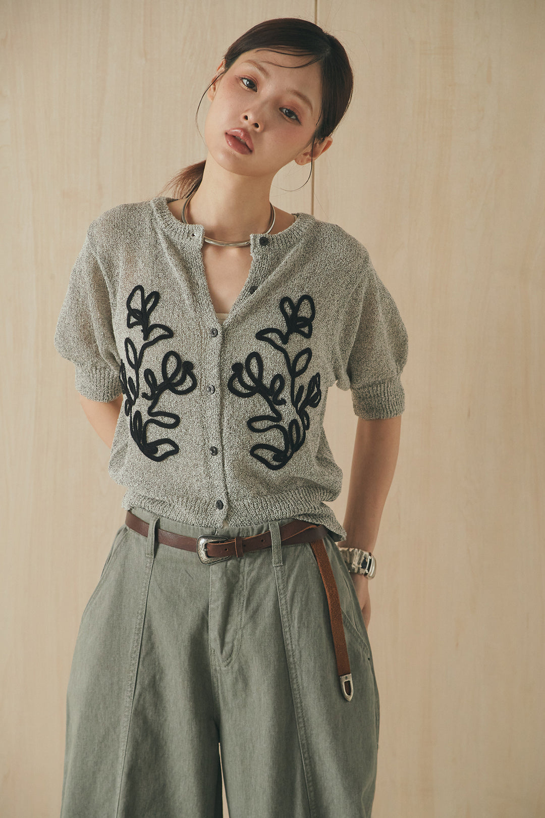 [SET]フロントテープデザイン半袖カーディガン+サイドベルトカーブワイドパンツ(2set)