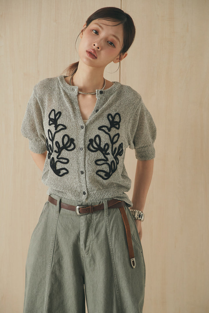 [SET]フロントテープデザイン半袖カーディガン+サイドベルトカーブワイドパンツ(2set)