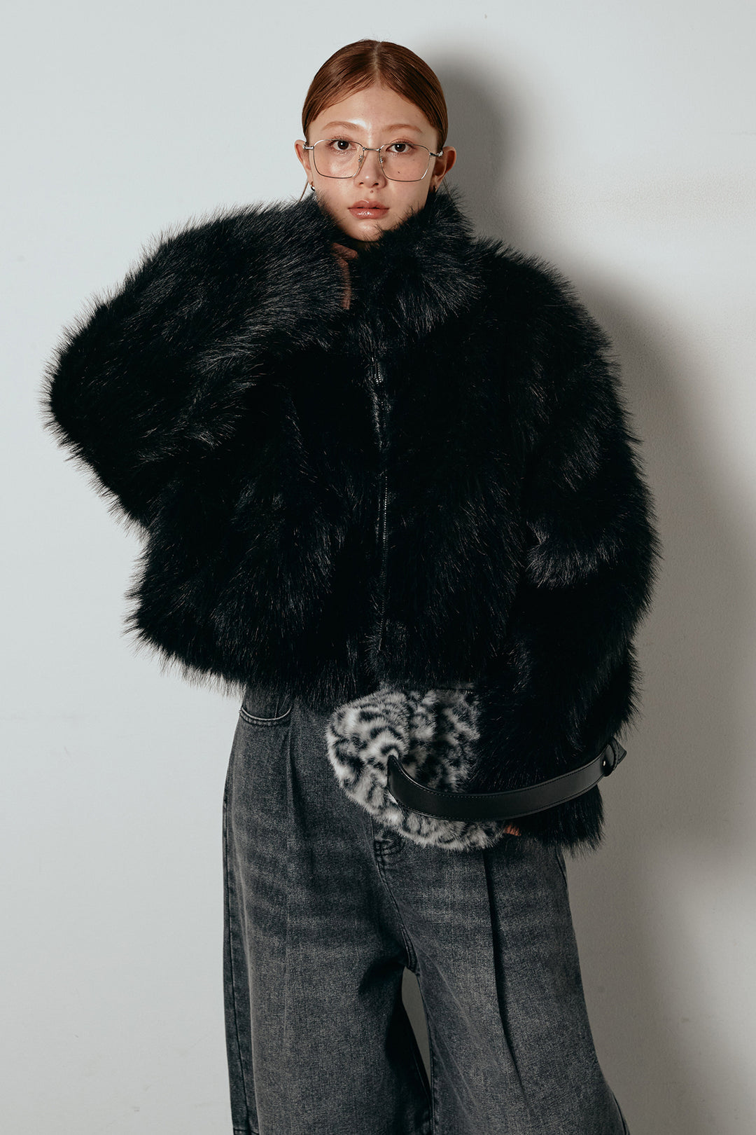 [SET]エコファーショート丈ブルゾン+加工デニムタックコクーンワイドパンツ(2set)