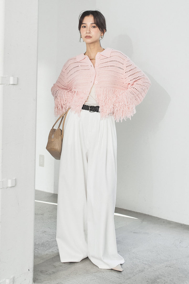 [SET]メッシュフリンジカーディガン+編みベルト付きウエストタックワイドパンツ(2set)