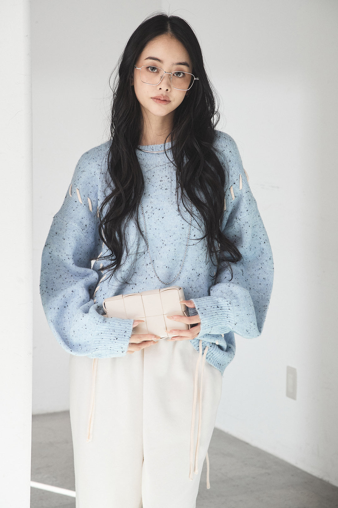 [SET]ネップ編み上げニットトップス+裏起毛スウェットワイドパンツ(2set)