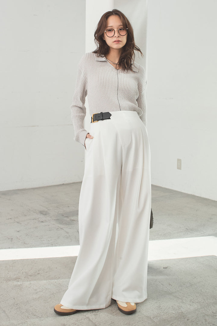 [SET]衿付きニットプルオーバー+サイドベルトタック入りスラックス(2set)