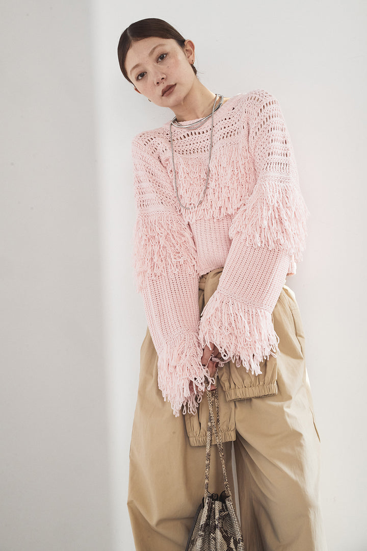 [SET]メッシュフリンジ切り替えプルオーバー+合繊ツイルスタンドウエスト巻きジョガーパンツ(2set)