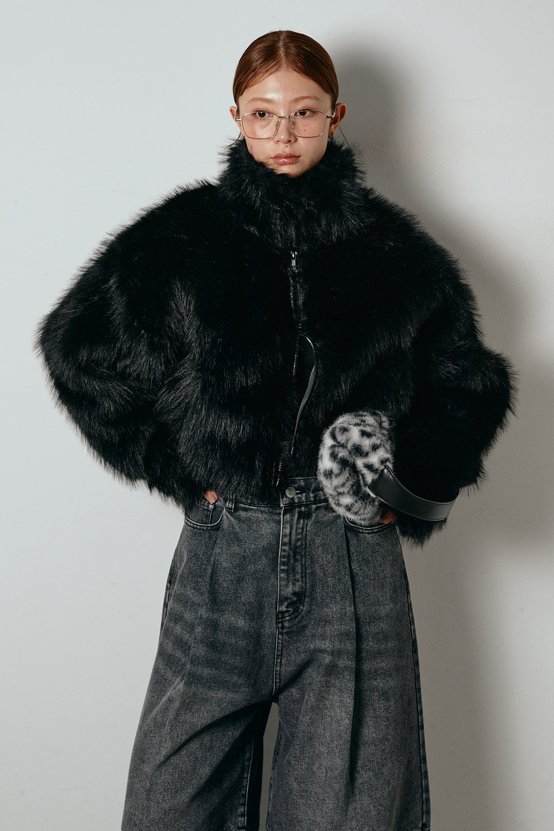 [SET]エコファーショート丈ブルゾン+加工デニムタックコクーンワイドパンツ(2set)