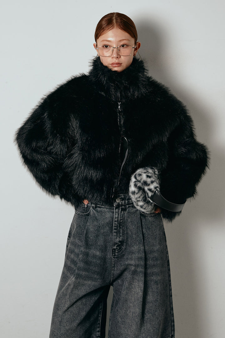 [SET]エコファーショート丈ブルゾン+加工デニムタックコクーンワイドパンツ(2set)